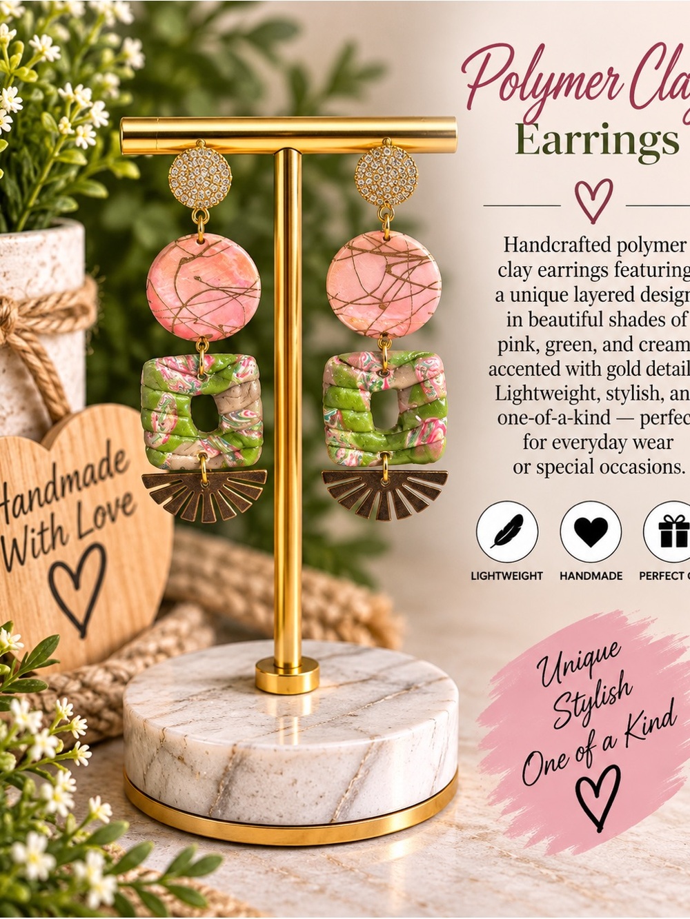 Handmade Pink & Green Polymer Clay Earrings with Gold Accents